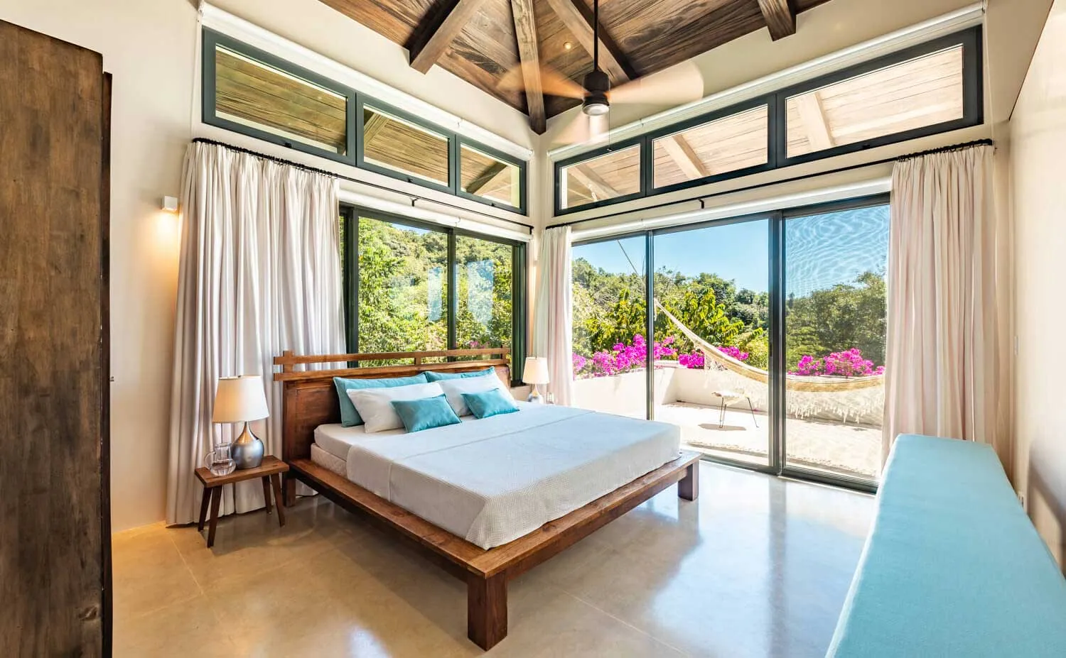 Calla Lily villa king bedroom with bougainvillea view, Nosara