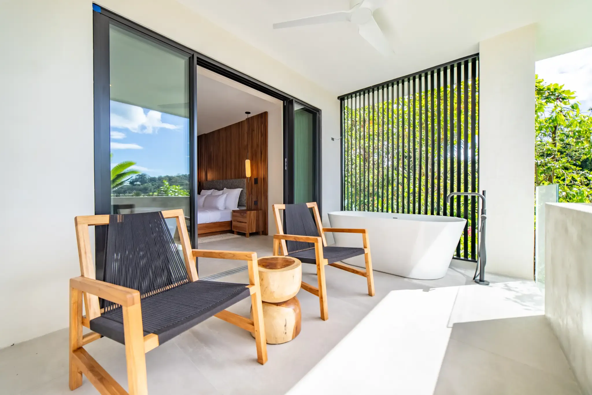 Casa Vivo villa bedroom with terrace and soaking tub, Nosara