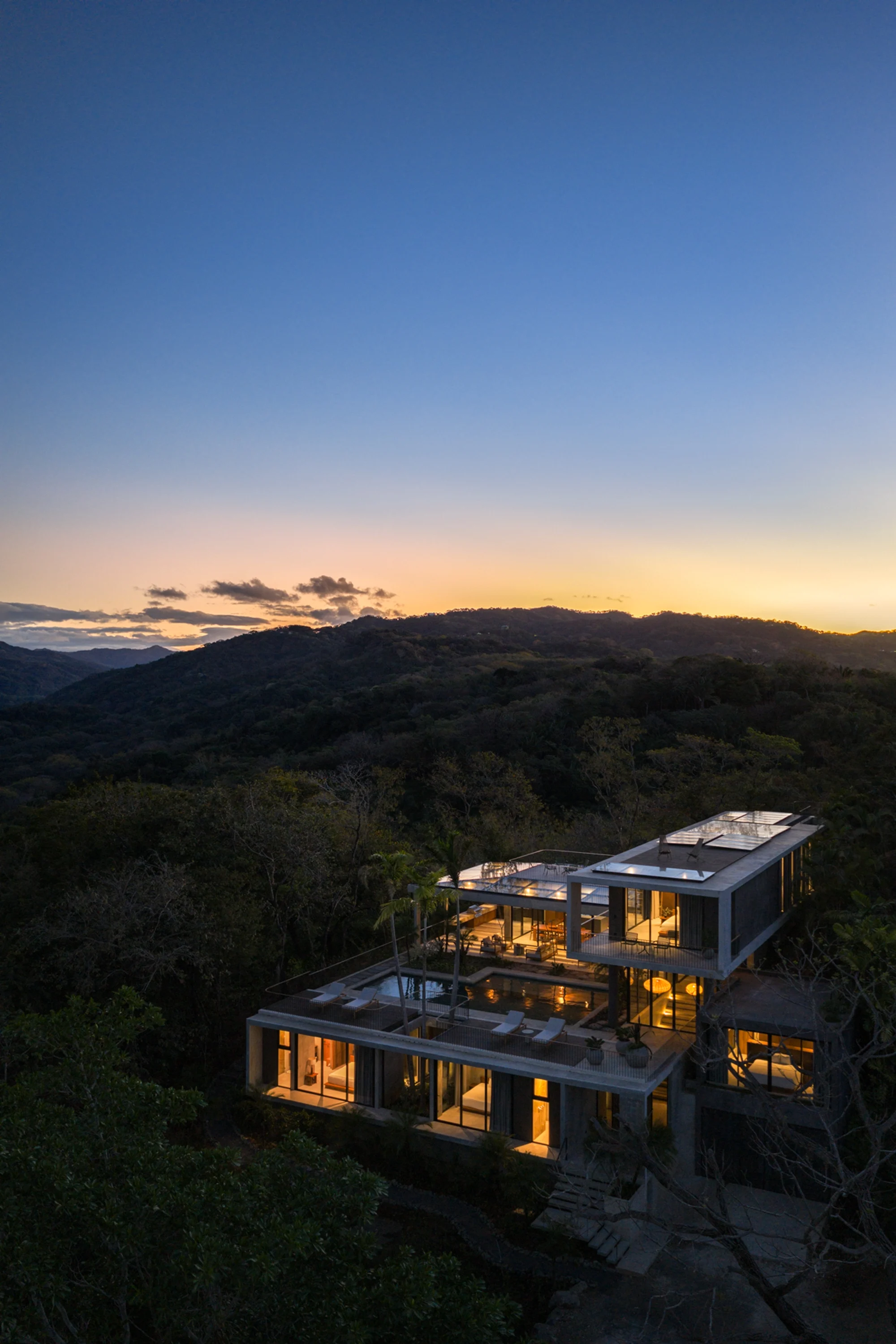 Villa Aravis aerial sunset view in Las Huacas hills, Nosara, Costa Rica