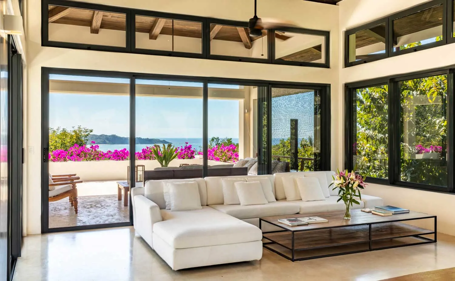 Calla Lily villa open living room with ocean view, Nosara, Costa Rica