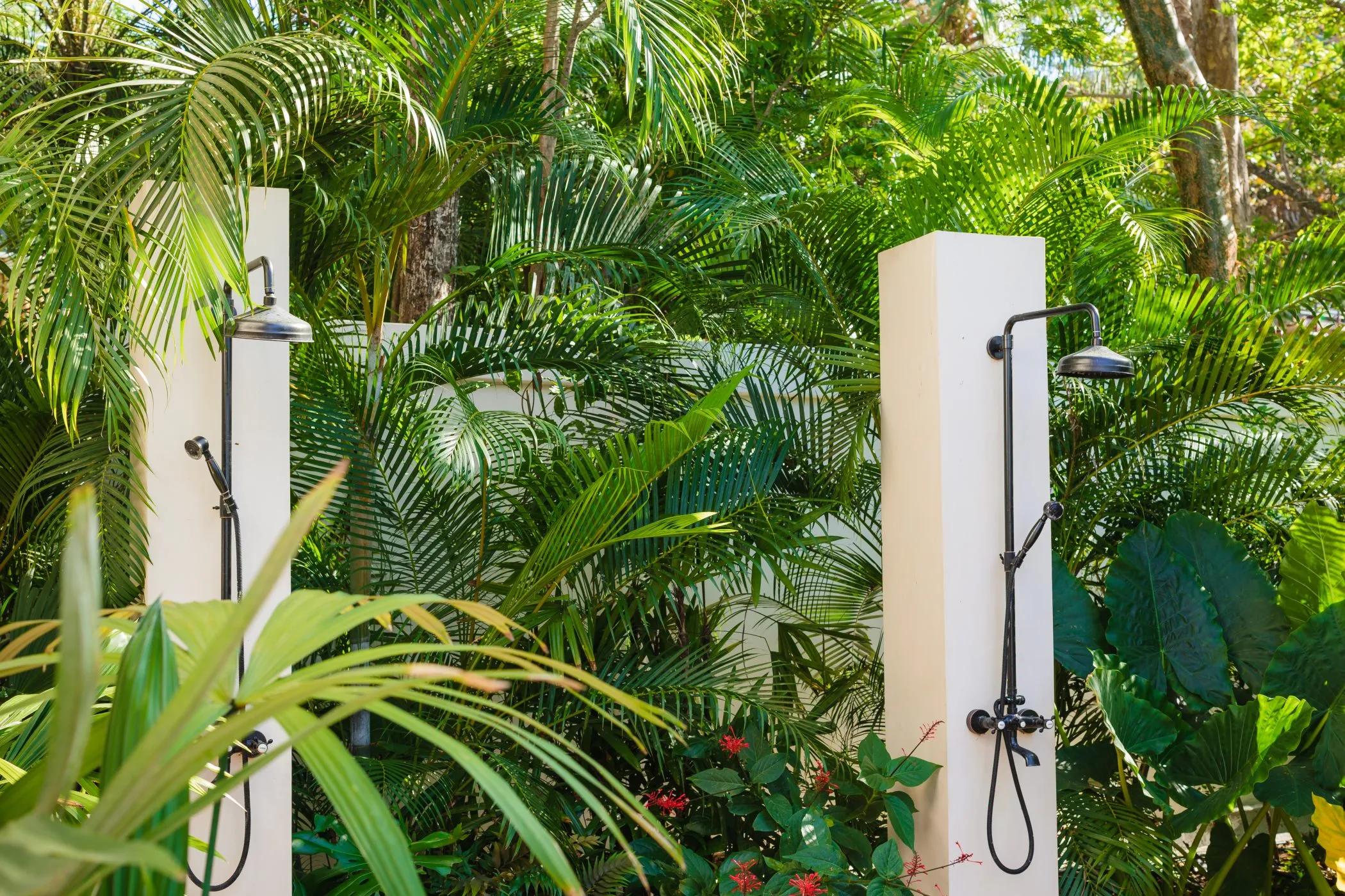 Casa Oceanus villa garden walkway with outdoor shower and tropical foliage, Nosara
