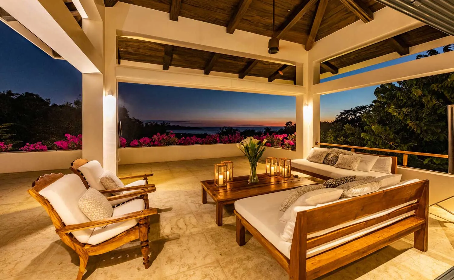 Calla Lily villa sunset terrace view, Las Huacas hills, Nosara